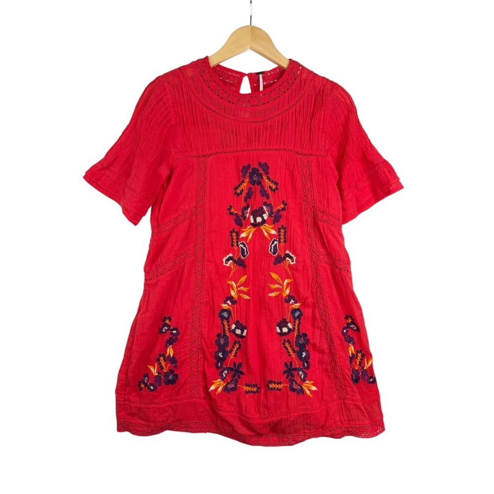 Free People 100% Cotton Perfectly Victorian Boho Embroidered Dress In Tomato XS